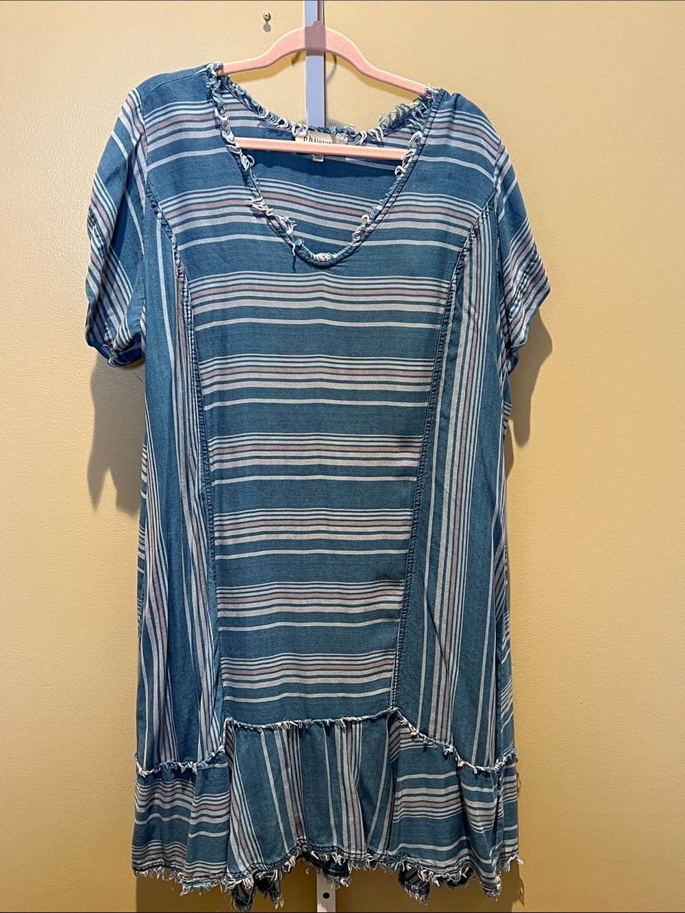 Philosophy Blue and White Striped Frayed Tunic